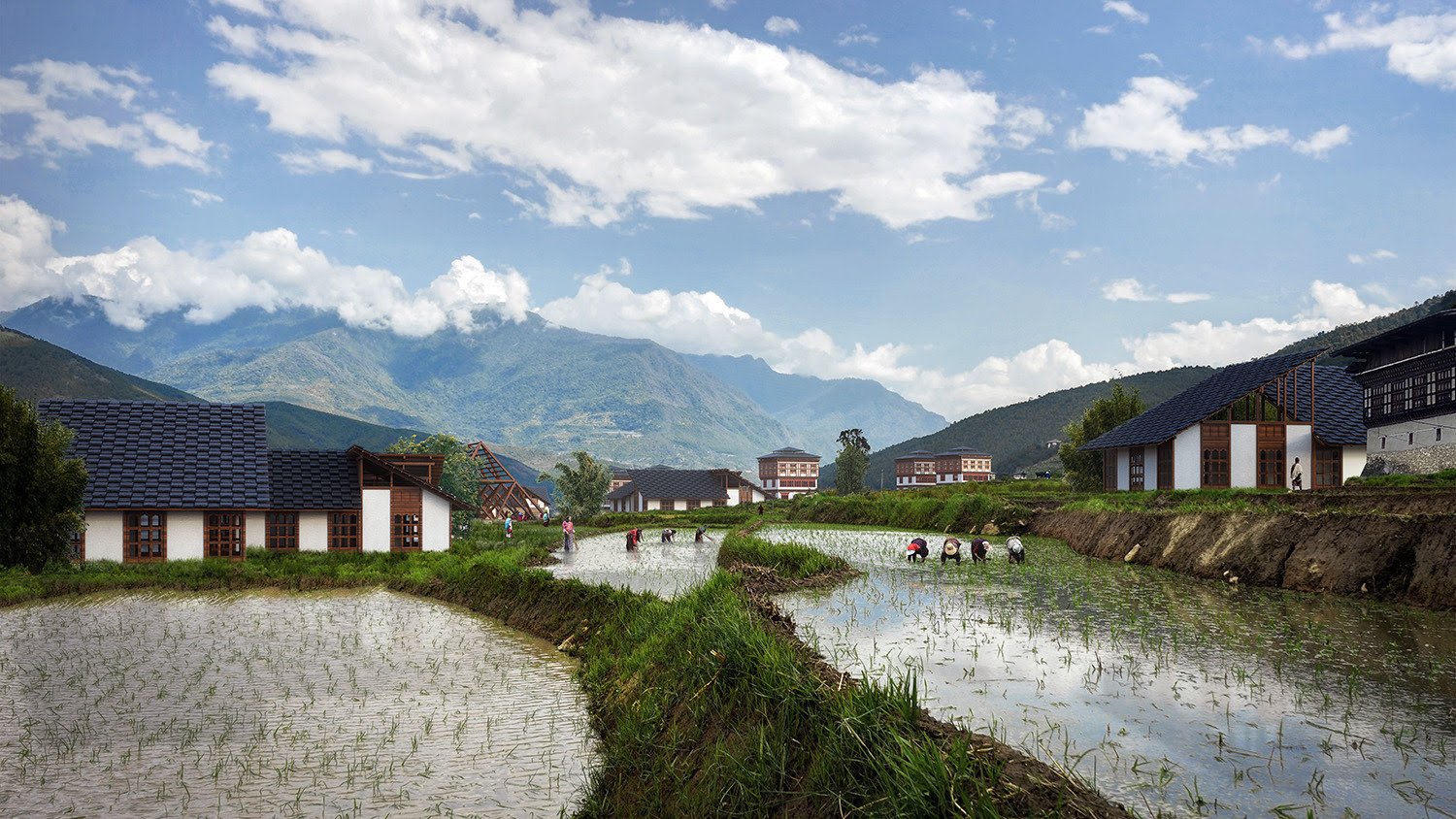 Traditional Bhutanese village with rice paddies, mountains, and local architecture